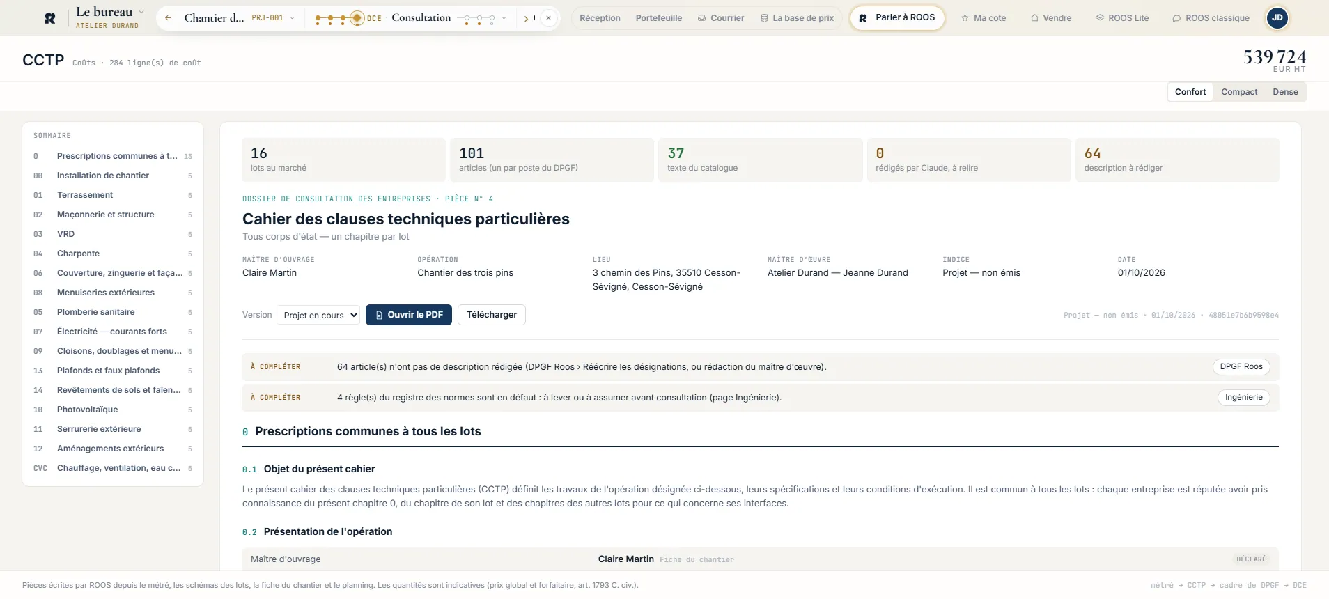 CCTP : un chapitre par lot, articles numérotés comme le DPGF du lot, sommaire à gauche et texte à droite.