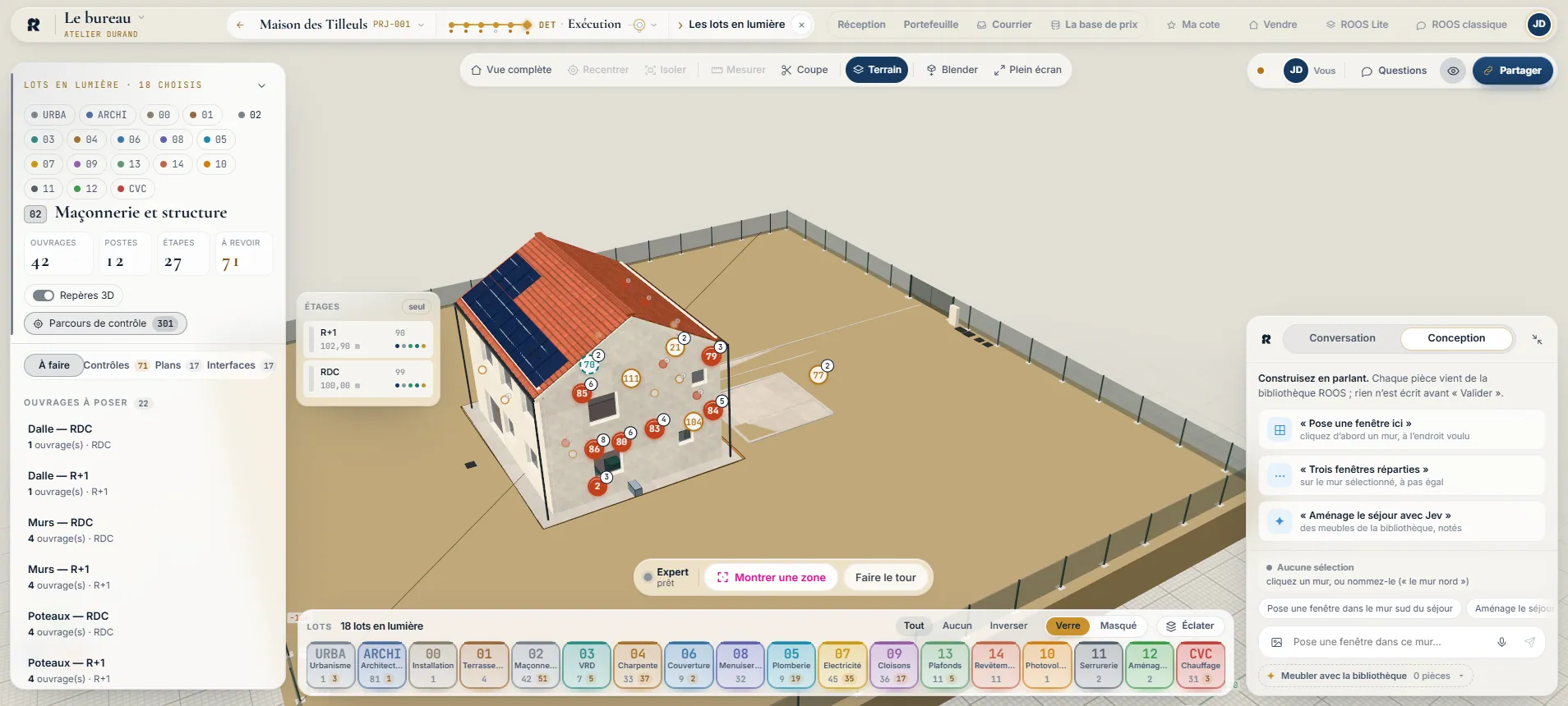 Tous les lots affichés : la maison de démonstration avec ses dix-huit lots, la liste des lots en bas et les pastilles de contrôle.