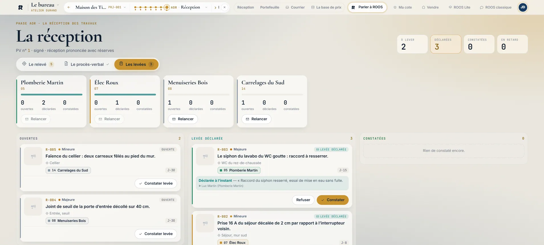 Tableau des levées : trois levées déclarées par les entreprises, réserve par réserve.