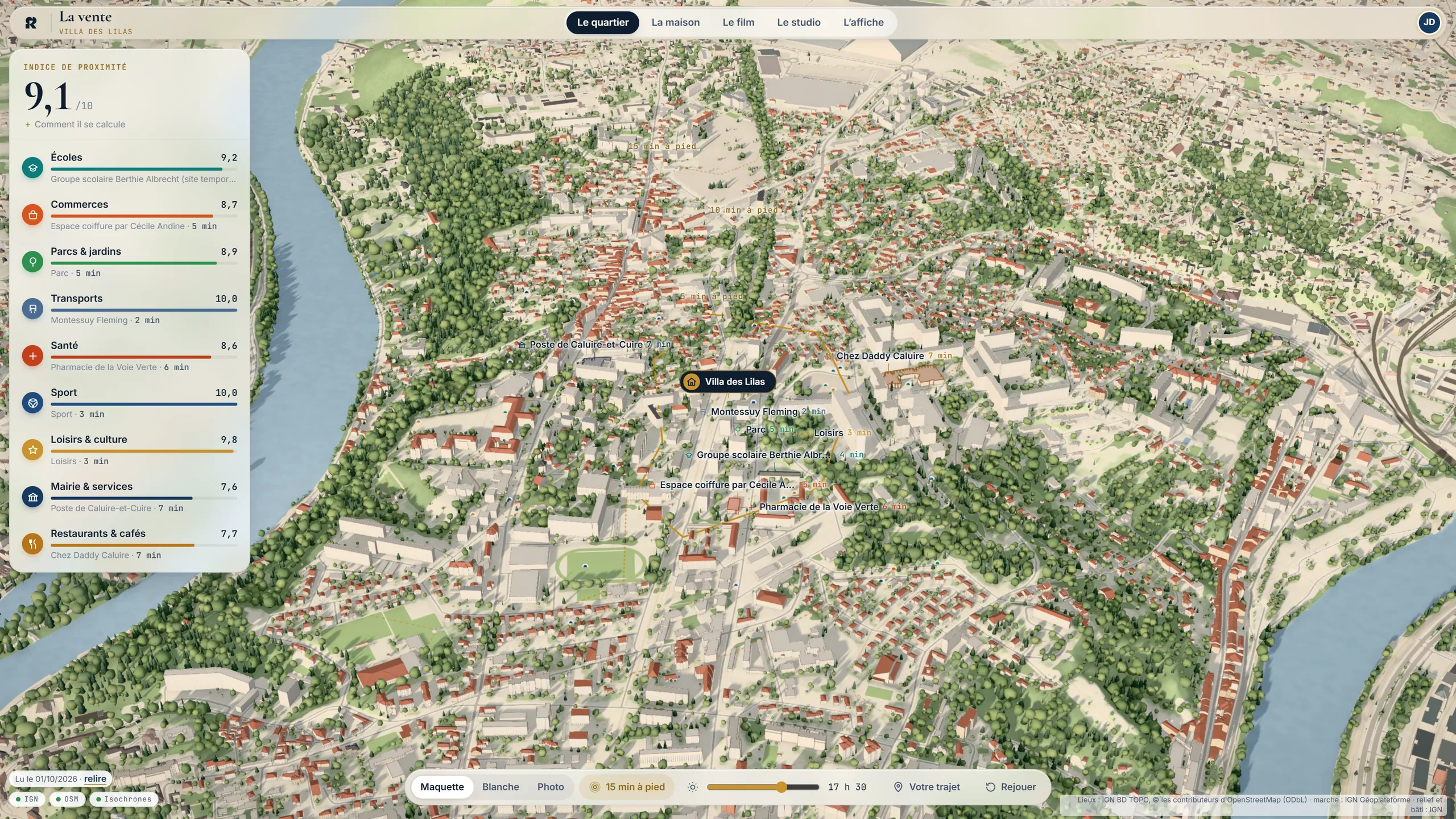 Page La vente, onglet Le quartier : maquette 3D du quartier d’un projet avec relief, bâtiments, arbres et lieux nommés ; à gauche l’indice de proximité 9,1 sur 10 et ses familles (écoles, commerces, parcs, transports, santé, sport, loisirs, mairie, restaurants).