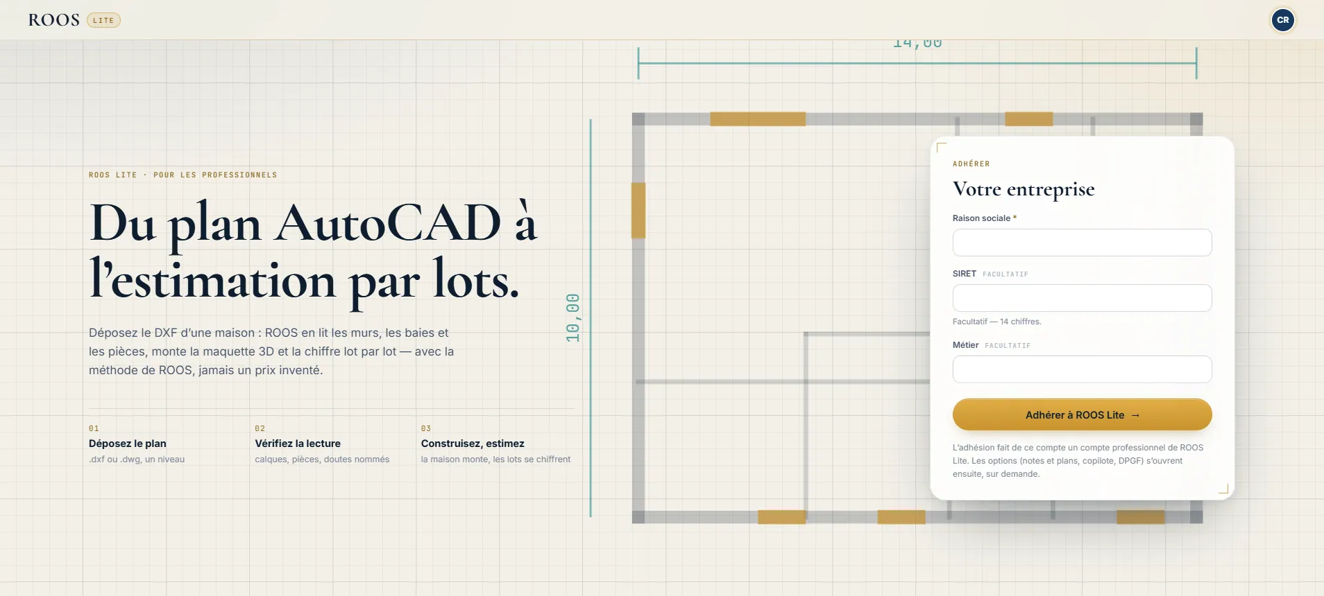 Page d’accueil de ROOS Lite : « Du plan AutoCAD à l’estimation par lots », avec trois étapes (déposer le plan, vérifier la lecture, construire et estimer) et un formulaire de connexion à droite.