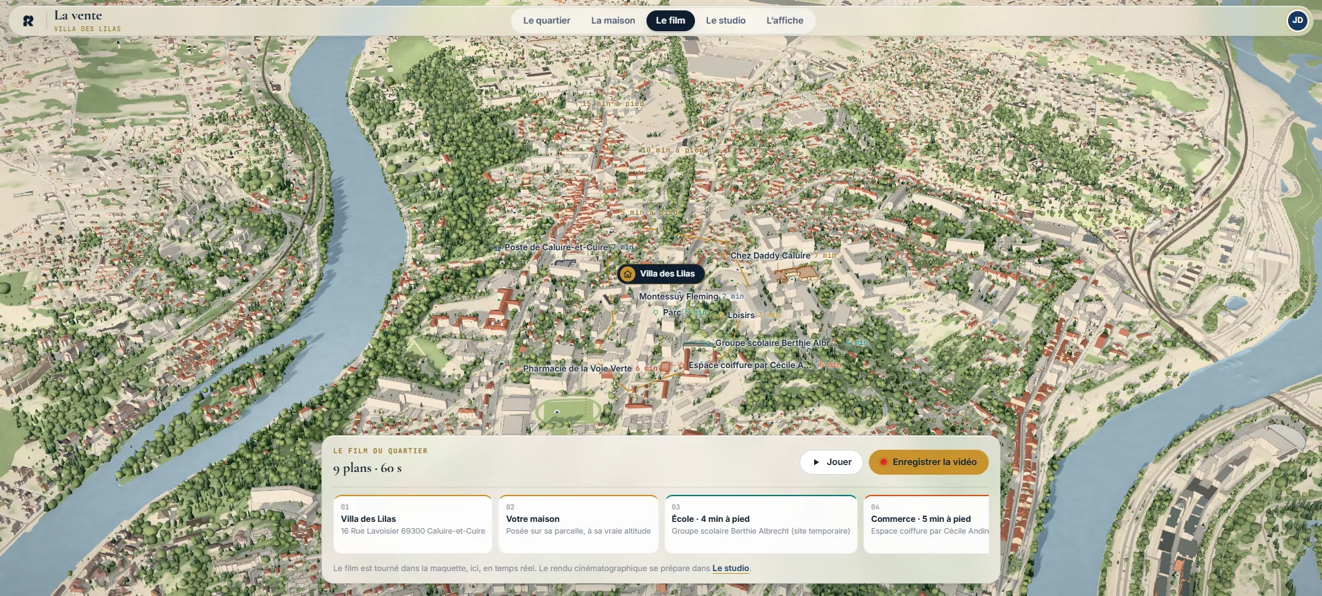 Film : découpage de neuf plans calculé depuis le modèle, sur la carte du quartier.