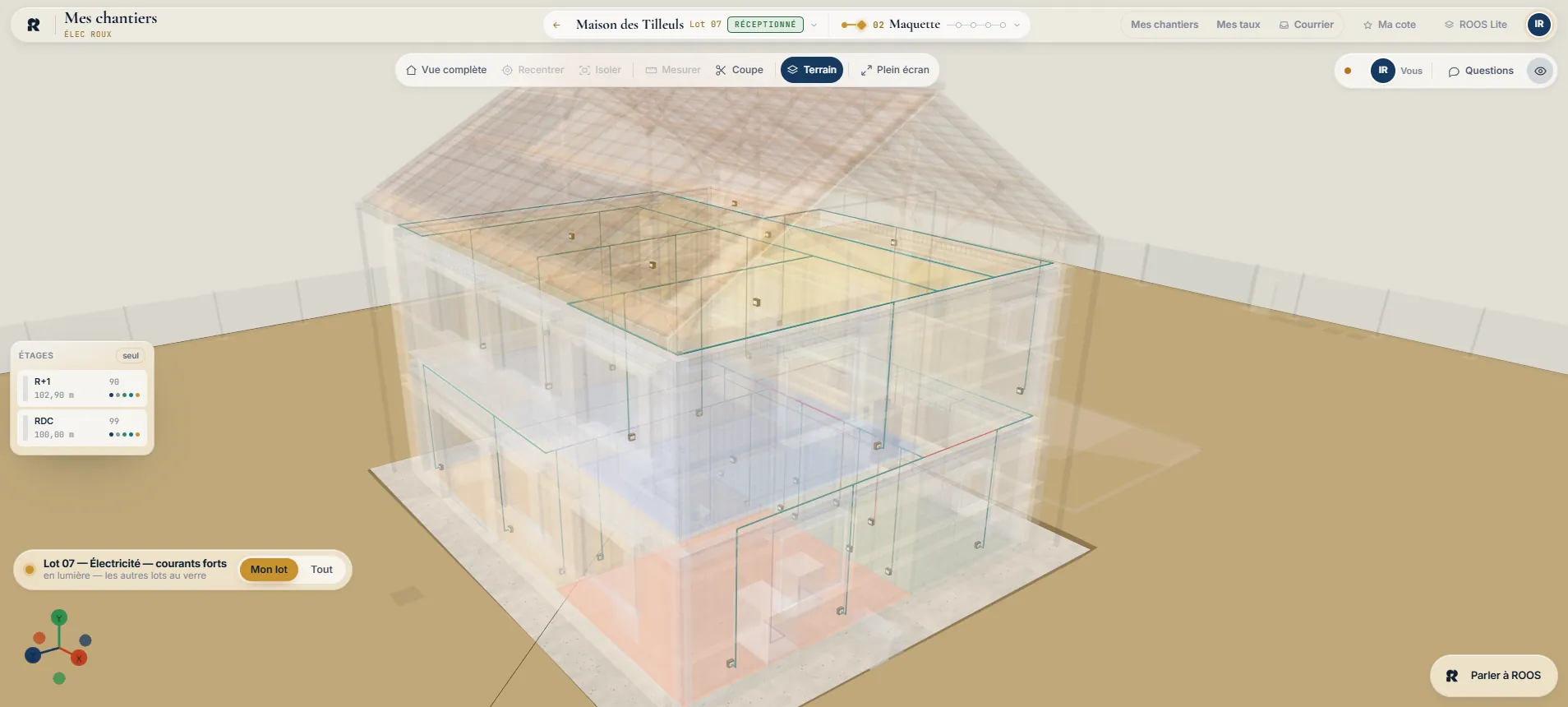 Maquette du marché côté électricien : le lot 07 électricité affiché, le reste de la maison en transparence.