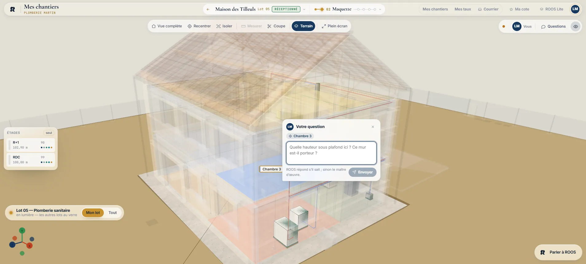 Question de conception posée sur la maquette : un point est placé sur la chambre 3 et une carte « Votre question » s’ouvre.
