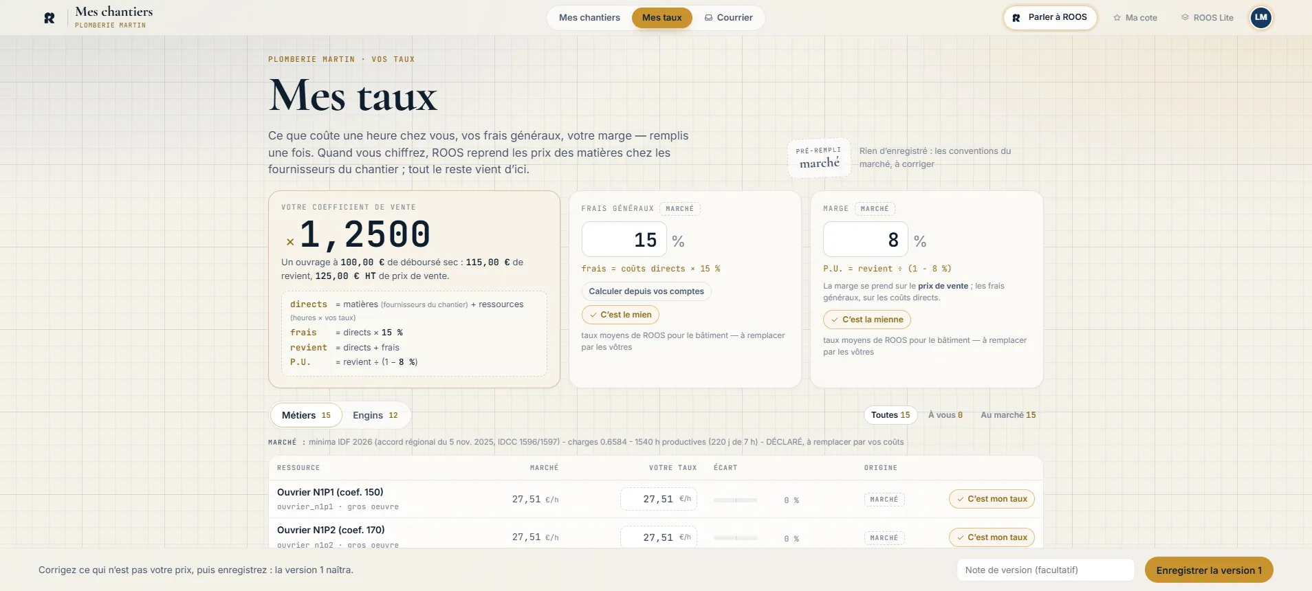 Page Mes taux : coût des ressources par métier, frais généraux, marge, avec un coefficient et la liste des taux.