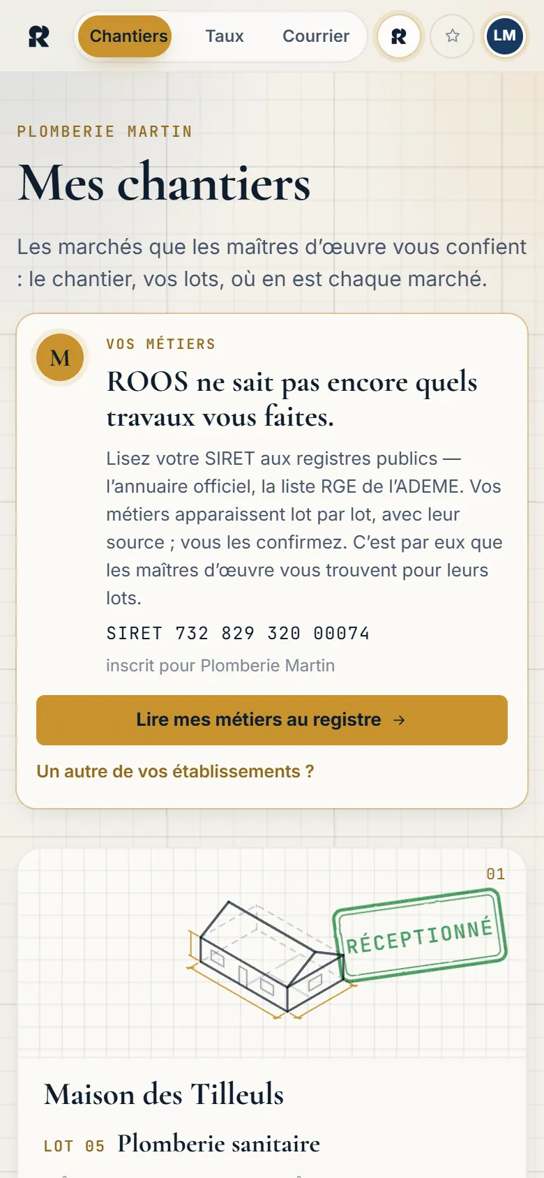 Mes chantiers sur téléphone : marché de la Maison des Tilleuls, lot 05.