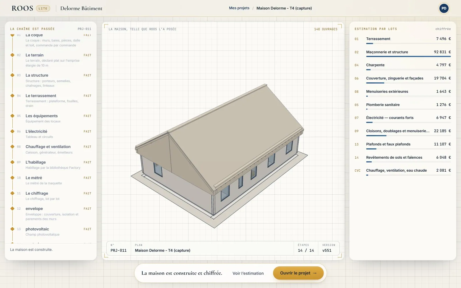 ROOS Lite : chaîne de construction d’une maison T4. La liste des lots à gauche, la maison en axonométrie au centre, l’estimation lot par lot à droite.
