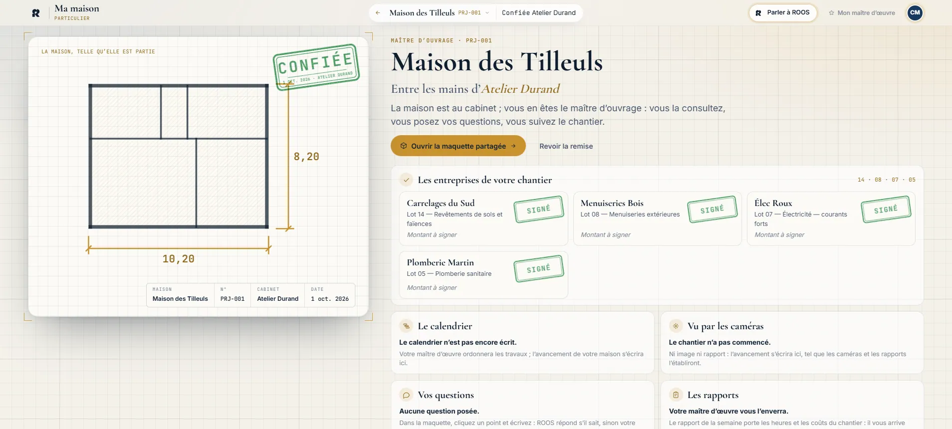 Planche du maître d’ouvrage : la Maison des Tilleuls avec le tampon « Confiée », entre les mains d’un cabinet, et quatre entreprises dont les marchés sont signés.