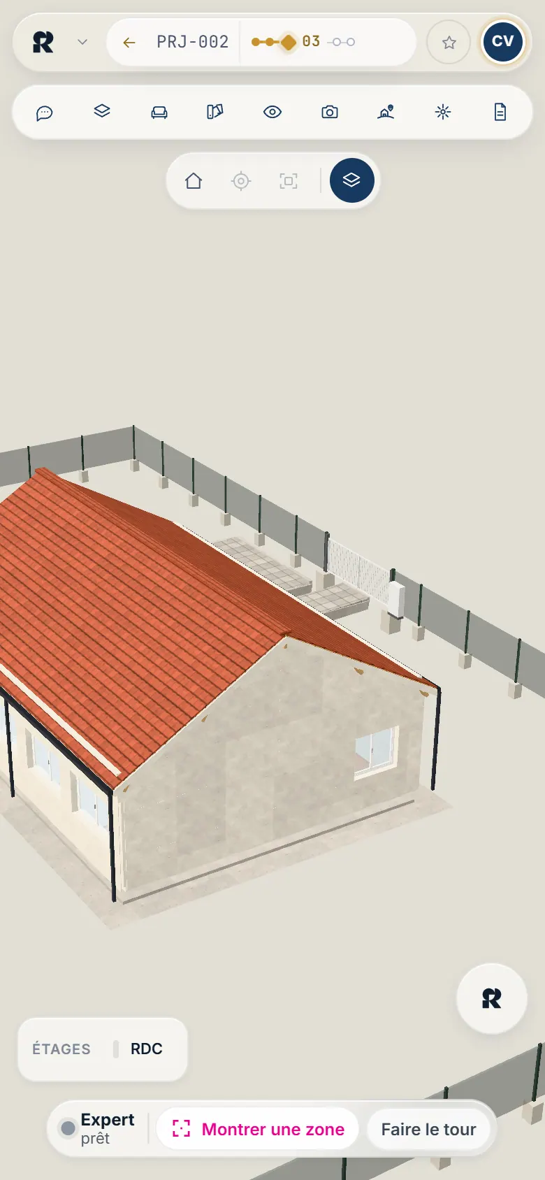 Espace Habiter sur téléphone : la maison en 3D et sa barre d’icônes.