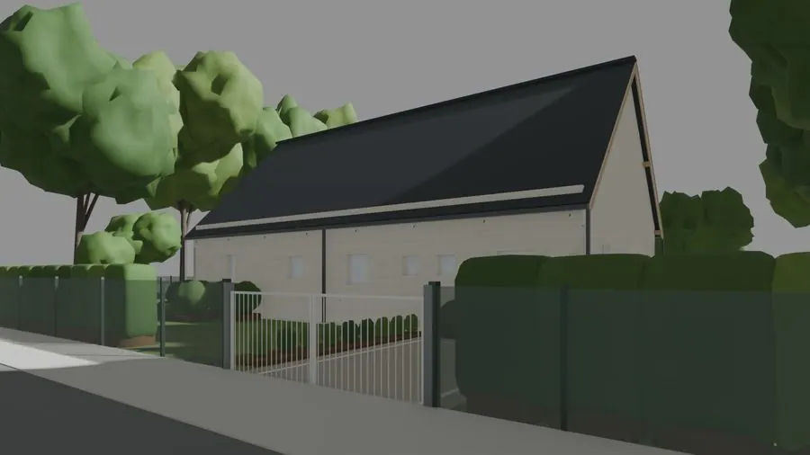 L’approche de la maison depuis la rue dans le modèle ROOS : le portail, la haie, la façade.