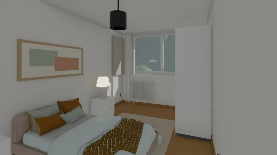 Une chambre dans le modèle ROOS : un lit, une table de chevet, un cadre au mur.