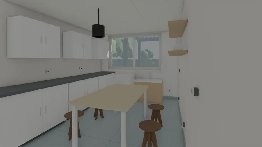 La cuisine dans le modèle ROOS : meubles blancs, un îlot, une fenêtre sur le jardin.