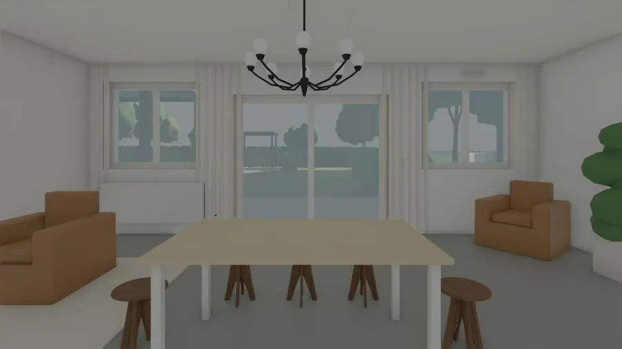 Le séjour tel que le modèle ROOS le rend : lignes nettes, matières simples, une table, des fauteuils, un lustre.