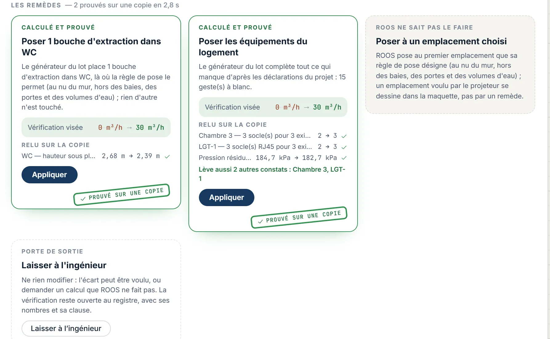Deux corrections « calculé et prouvé » portant le tampon « Prouvé sur une copie », et un troisième encart « ROOS ne sait pas le faire » avec sa raison.